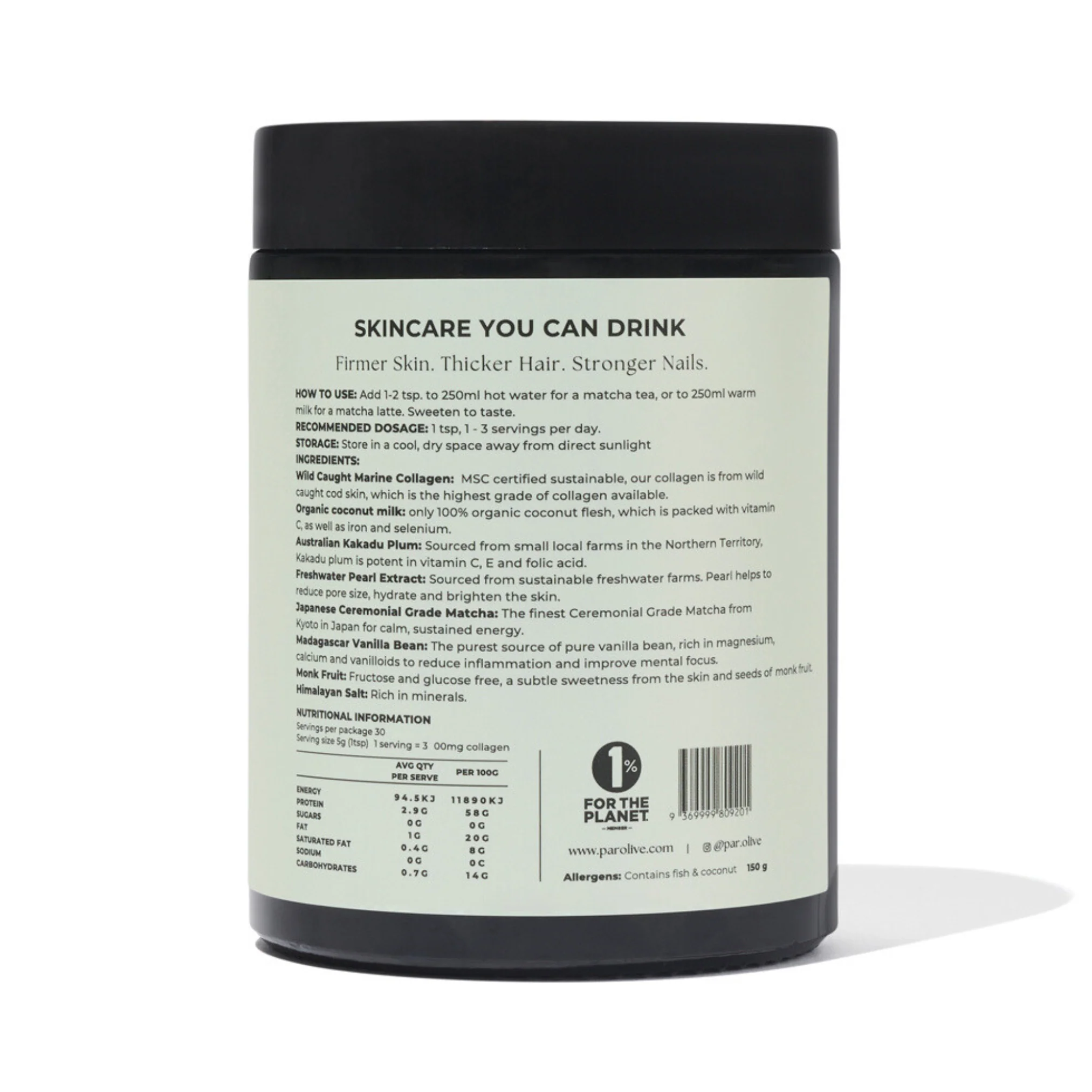 Par Olive PEARL Marine Collagen Superpowder - Japanese Matcha 150g - Image 2